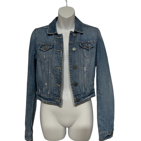 American Eagle Denim Jeans Jacket Blue Cropped Distressed XS - Picture 3 of 10